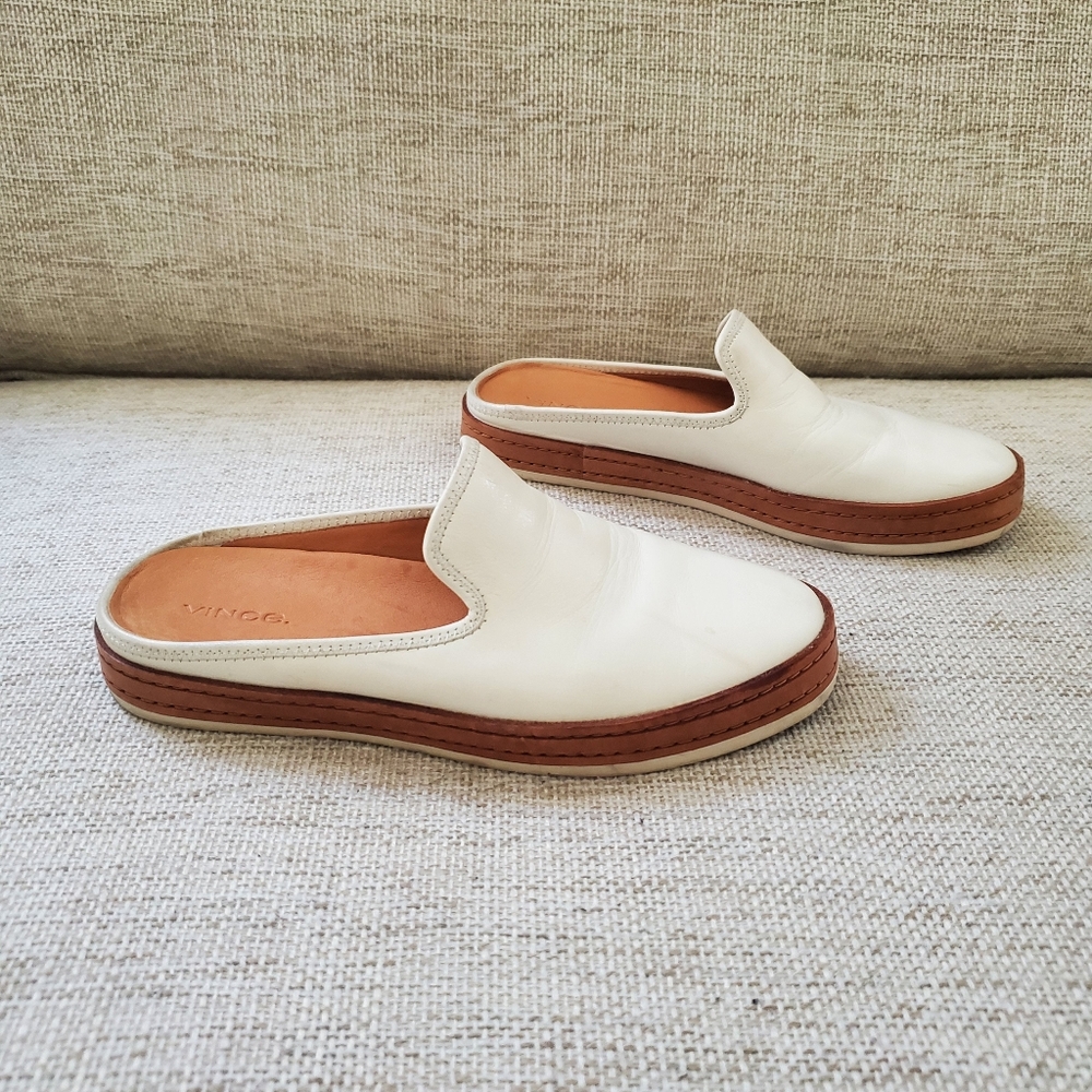 Vince White and Tan Leather-Trim Slip-On Mules - Picture 13 of 16